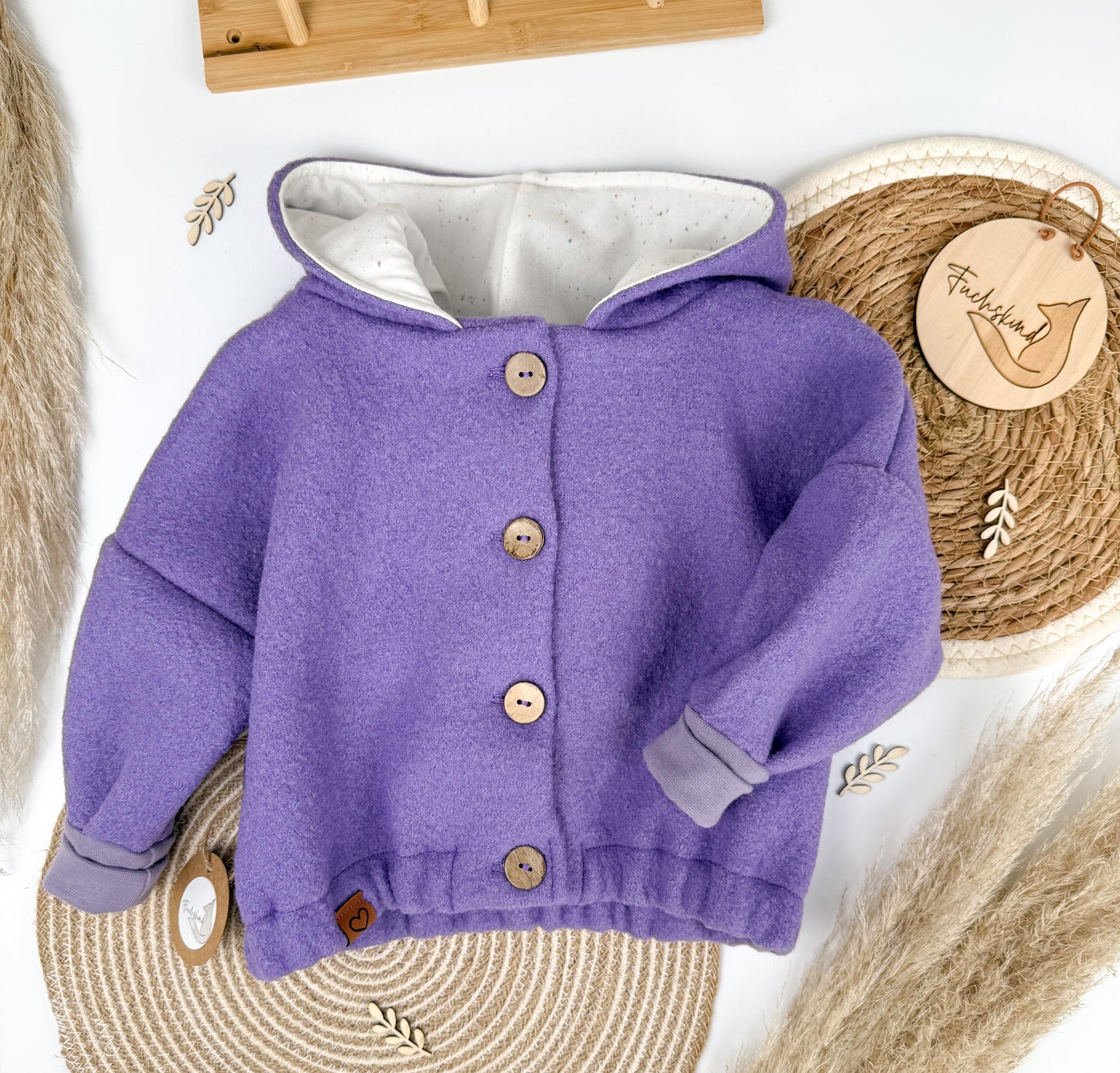 Walk- Oversizejacke Gr. 74 / Bio Baumwolle - 100% Schurwolle / Lila - Konfetti