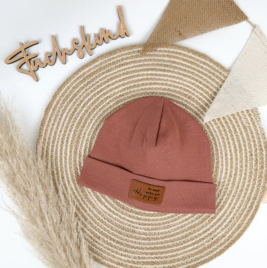 Rib- Beanie / Bio- Ribjersey / KU 42-45cm / zimtbraun / Patch