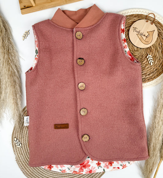 Walkweste Gr. 122 / Bio Baumwolle - 100% Schurwolle / Soft Blush - Rosa Rote Blumen