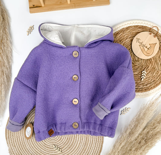 Walk- Oversizejacke Gr. 74 / Bio Baumwolle - 100% Schurwolle / Lila - Konfetti